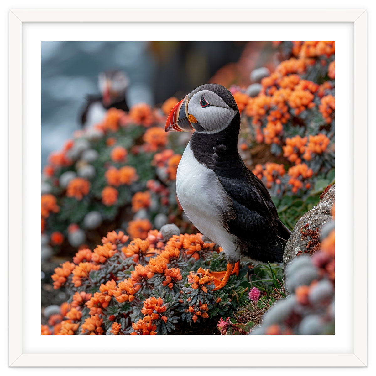 Atlantic Puffin Bird Perched On Orange Flowers