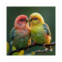 Two Lovebirds Perched On A Branch In Rain (Print Only)
