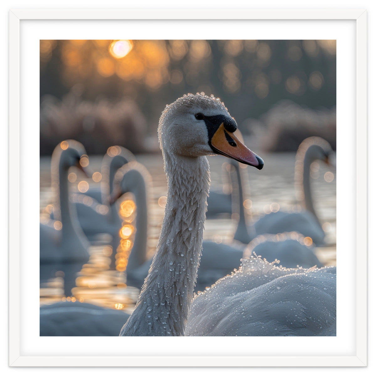 Close Up Of Swan With Water Droplets At Sunrise