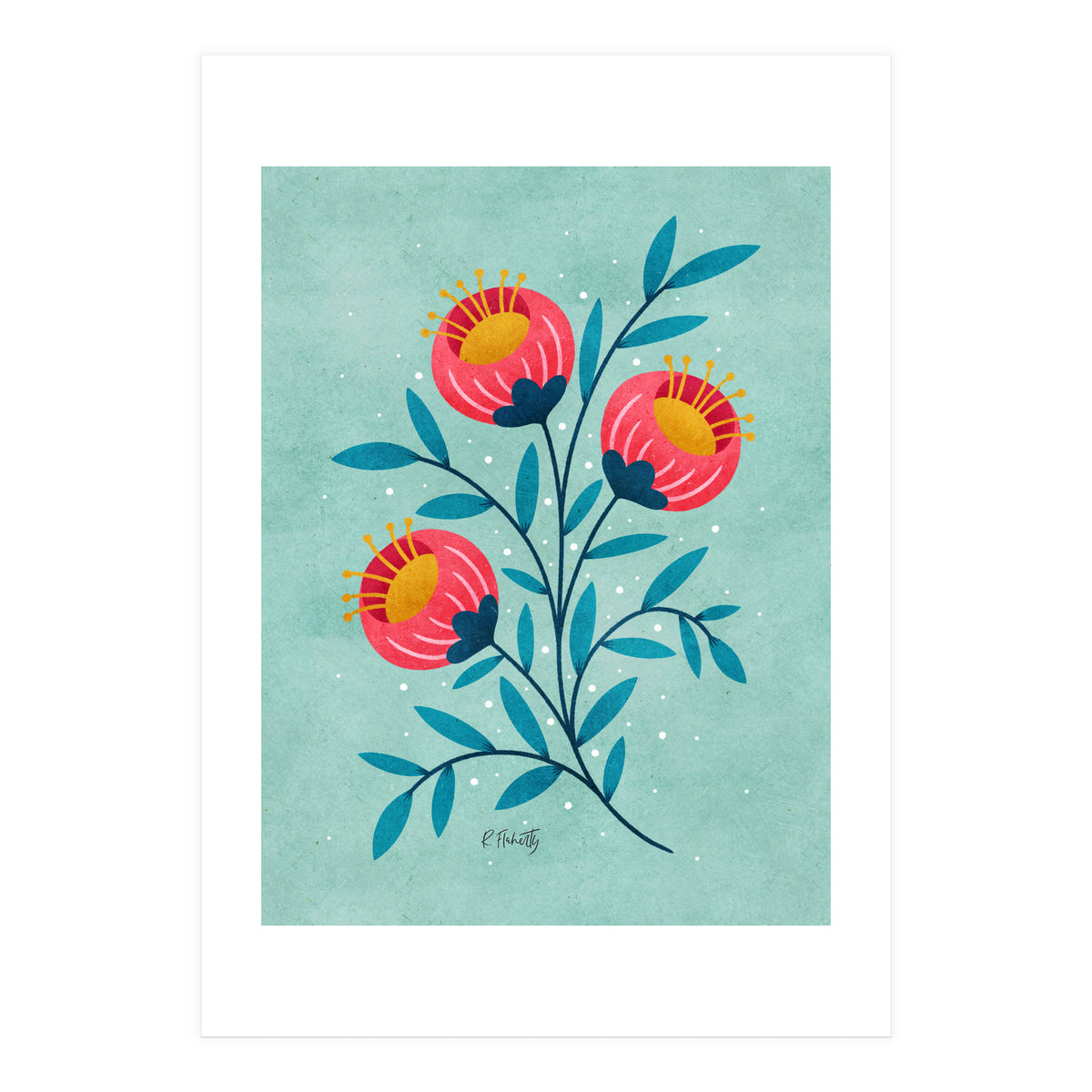 Teal And Coral Flowers (Print Only)