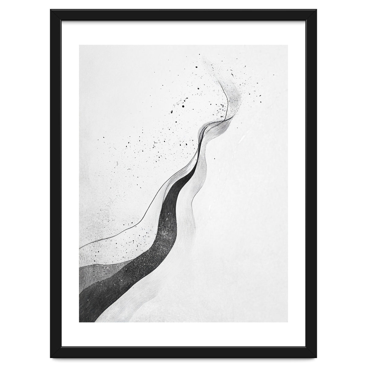 Abstract Black And White Ink Flowing Lines With Splatter