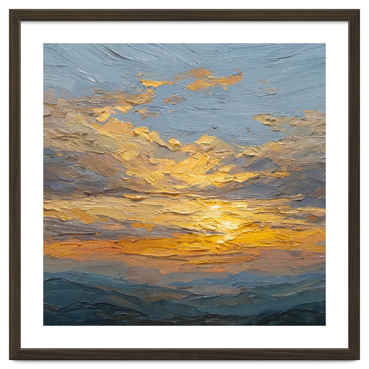 Atmospheric Golden Sunset Impasto Oil Painting Featuring Textured Clouds