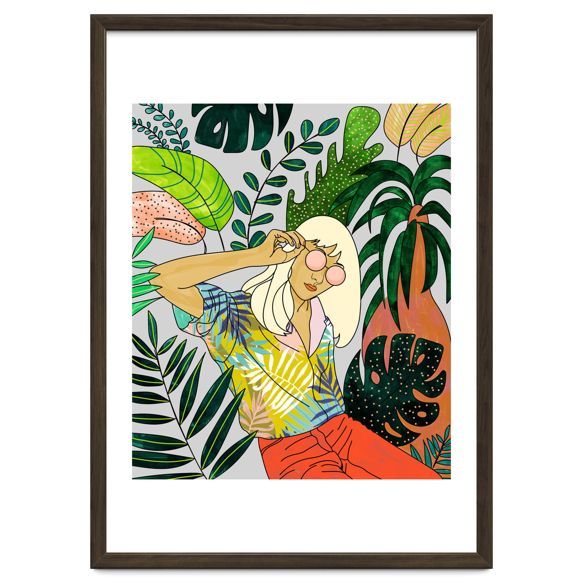 Spring Break, Tropical Bohemian Travel Line Art, Woman Fashion Palm Forest Jungle Watercolor Nature