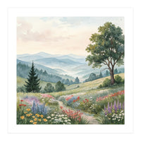 Serene Mountain Meadow Watercolor Landscape (Print Only)