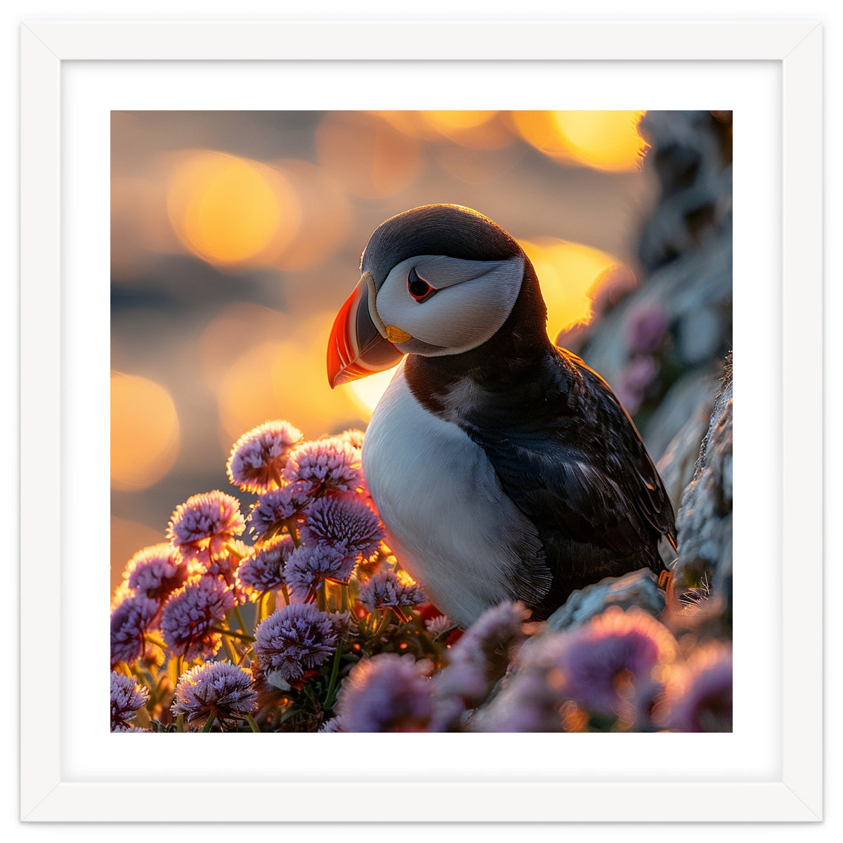 Puffin Bird Amidst Purple Flowers Golden Hour