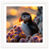 Puffin Bird Amidst Purple Flowers Golden Hour