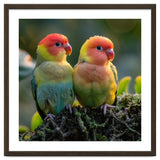 Lovebirds Couple Perched On Mossy Branch Sunlight thumbnail