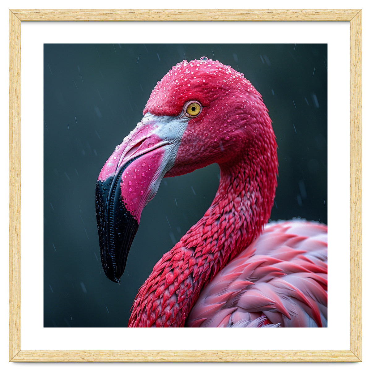 Close Up Pink Flamingo In Rain Drops