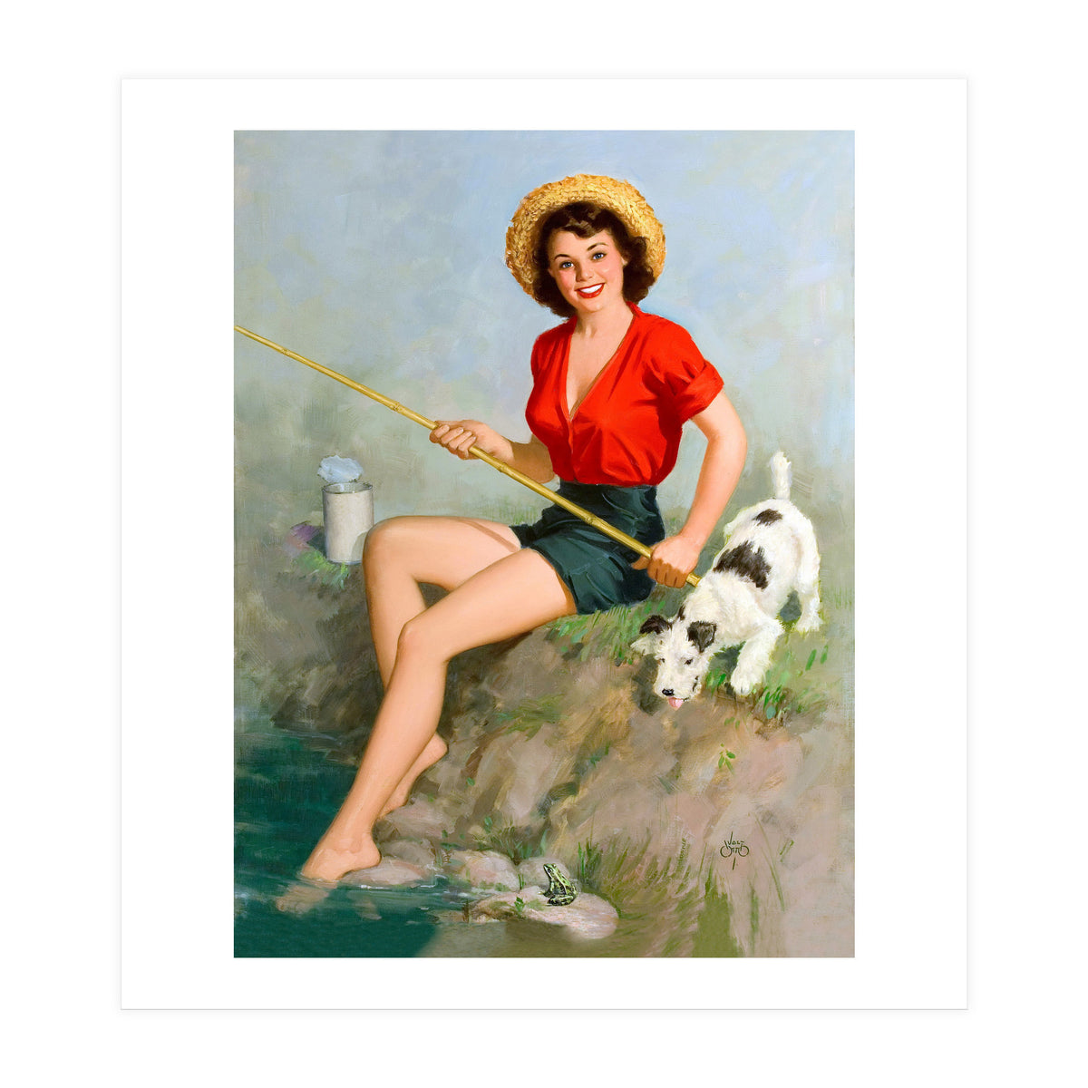 Pinup Girl Fishing With Her Dog (Print Only)