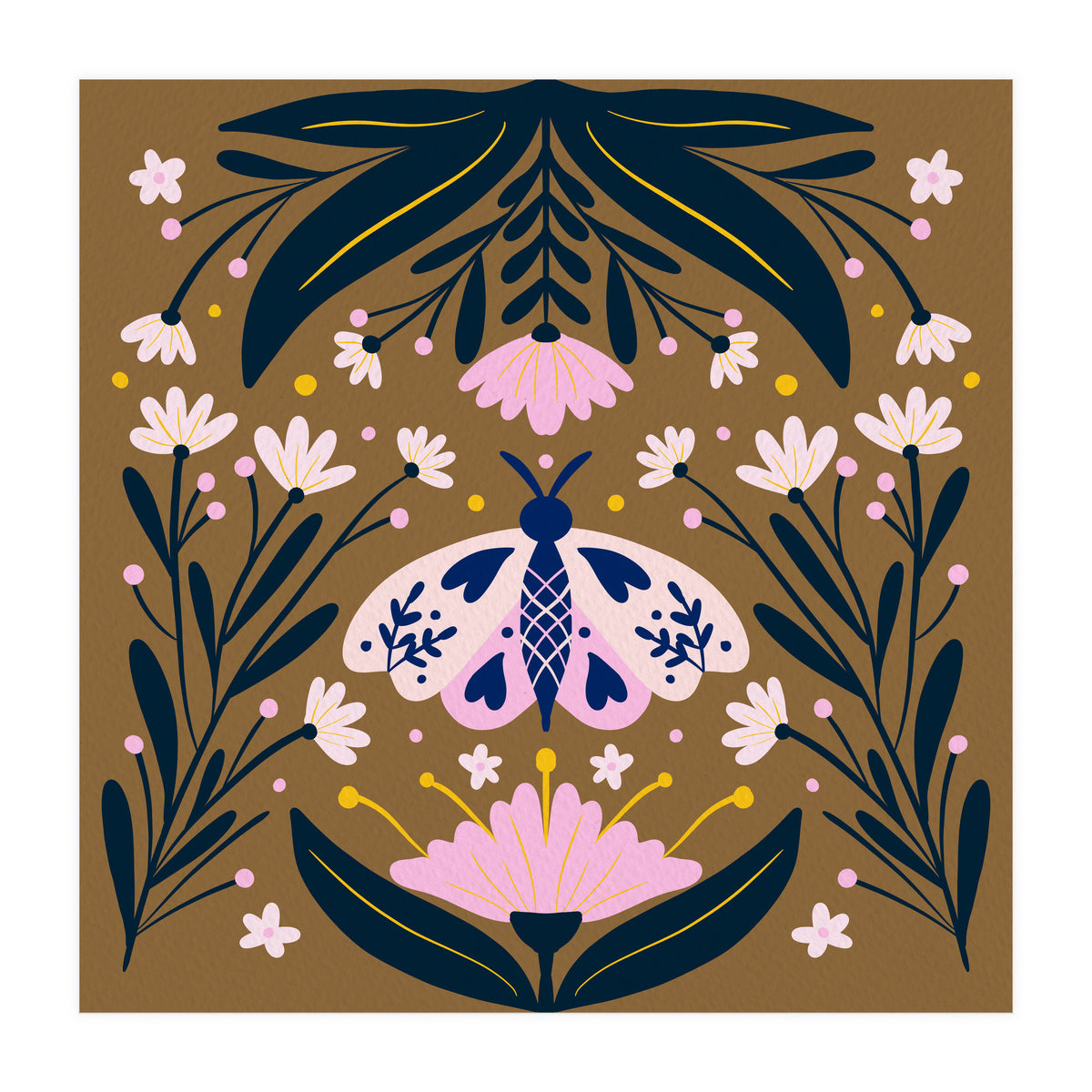 Pink Moth with Flowers on a brown background (Print Only)