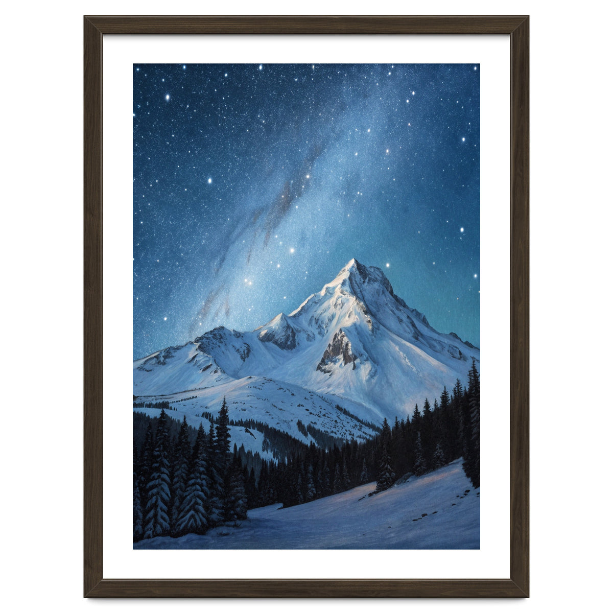 Majestic Snow-Capped Mountain Peak Under a Brilliant Starry Night Sky