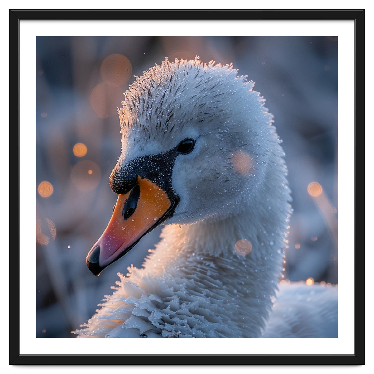 Close Up Frosty Swan Head During Golden Hour