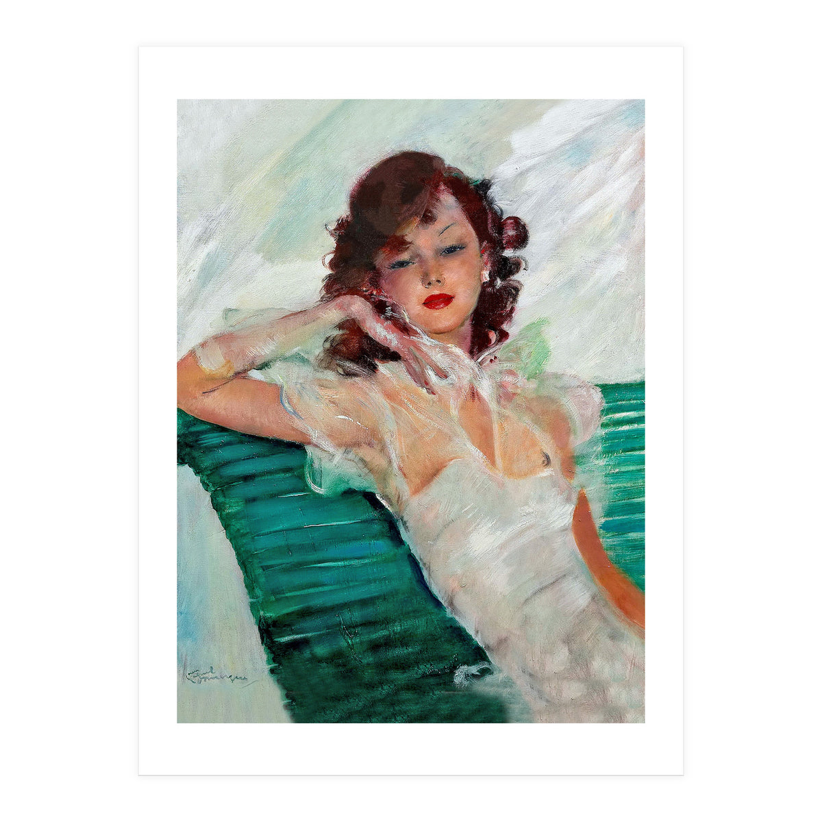 Girl Is Resting On A Green Bench, Watercolor Painting (Print Only)