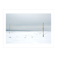 Seagulls in between the volleyball poles in winter snow beach (Print Only)