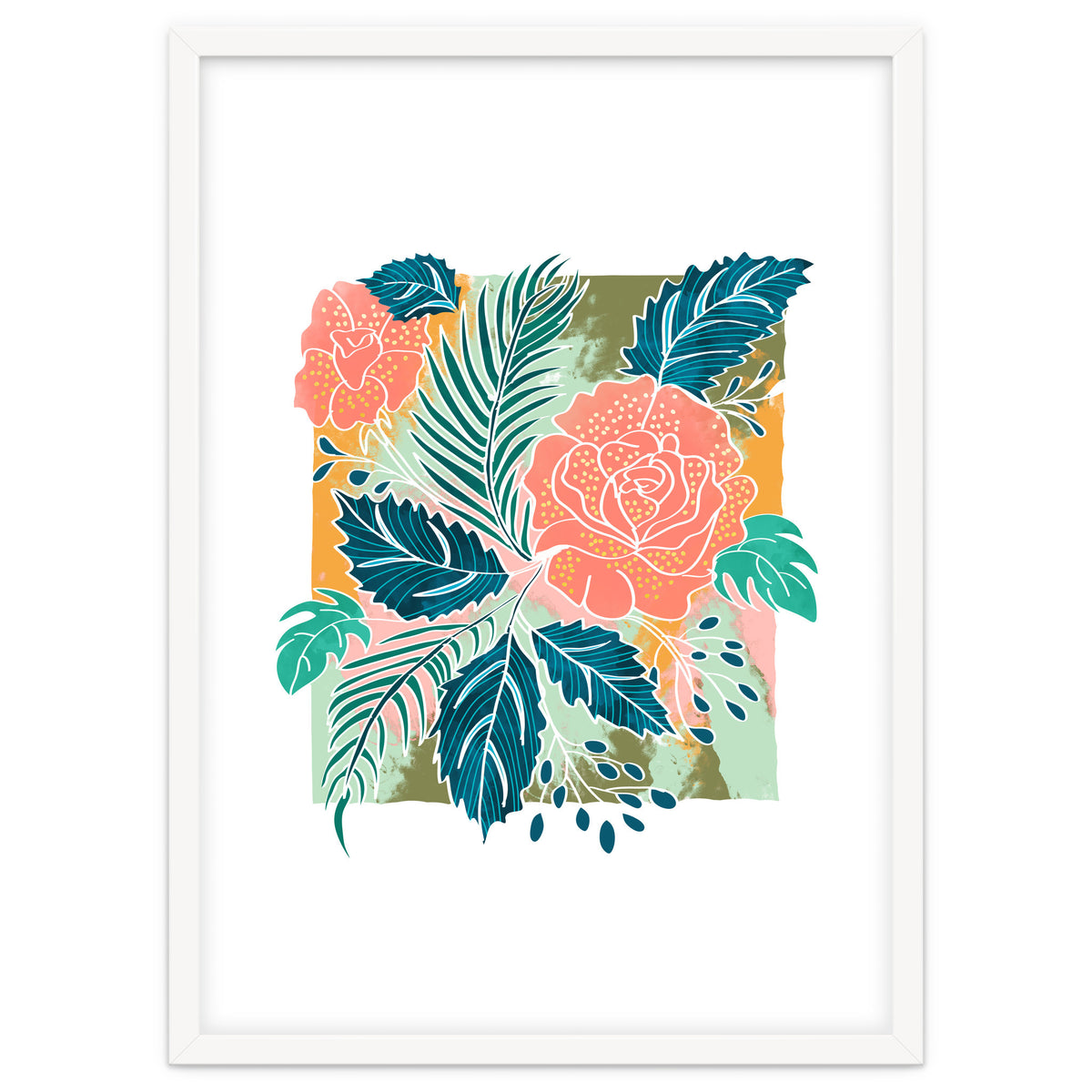 Framed Nature, Botanical Floral Rustic Bohemian, Garden Painting Tropical Illustration