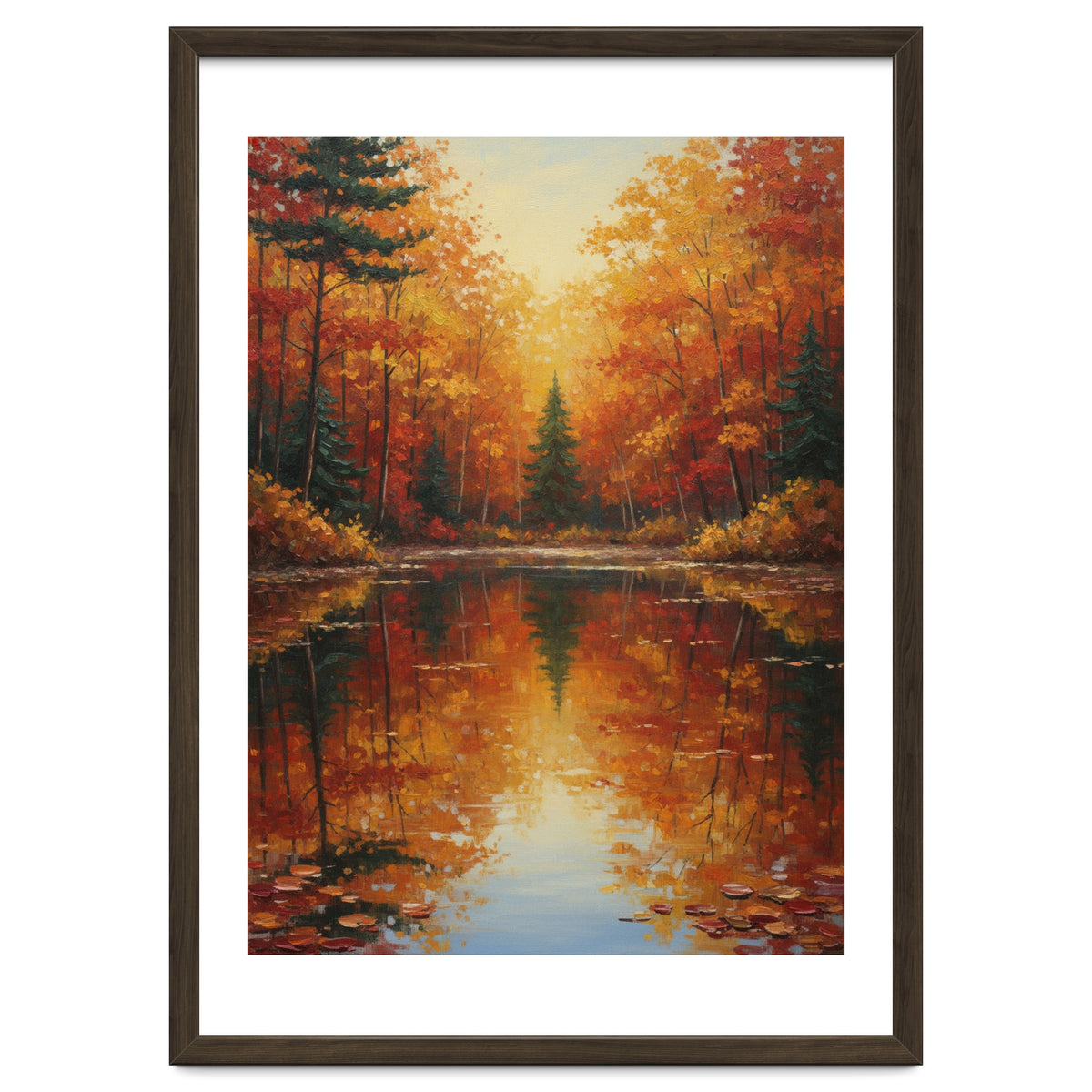 Golden Autumn Reflection: Impasto Forest Landscape