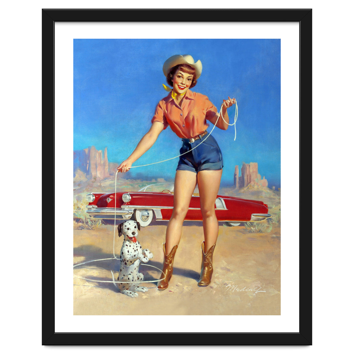 Pinup Cowgirl Showing A New Dog Trick