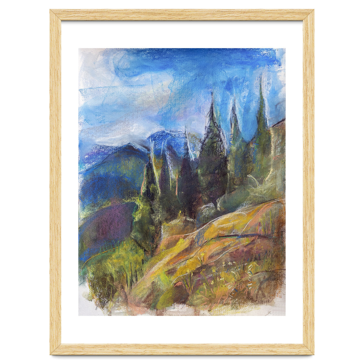 Pastel drawing of an Alpine Pine Forest