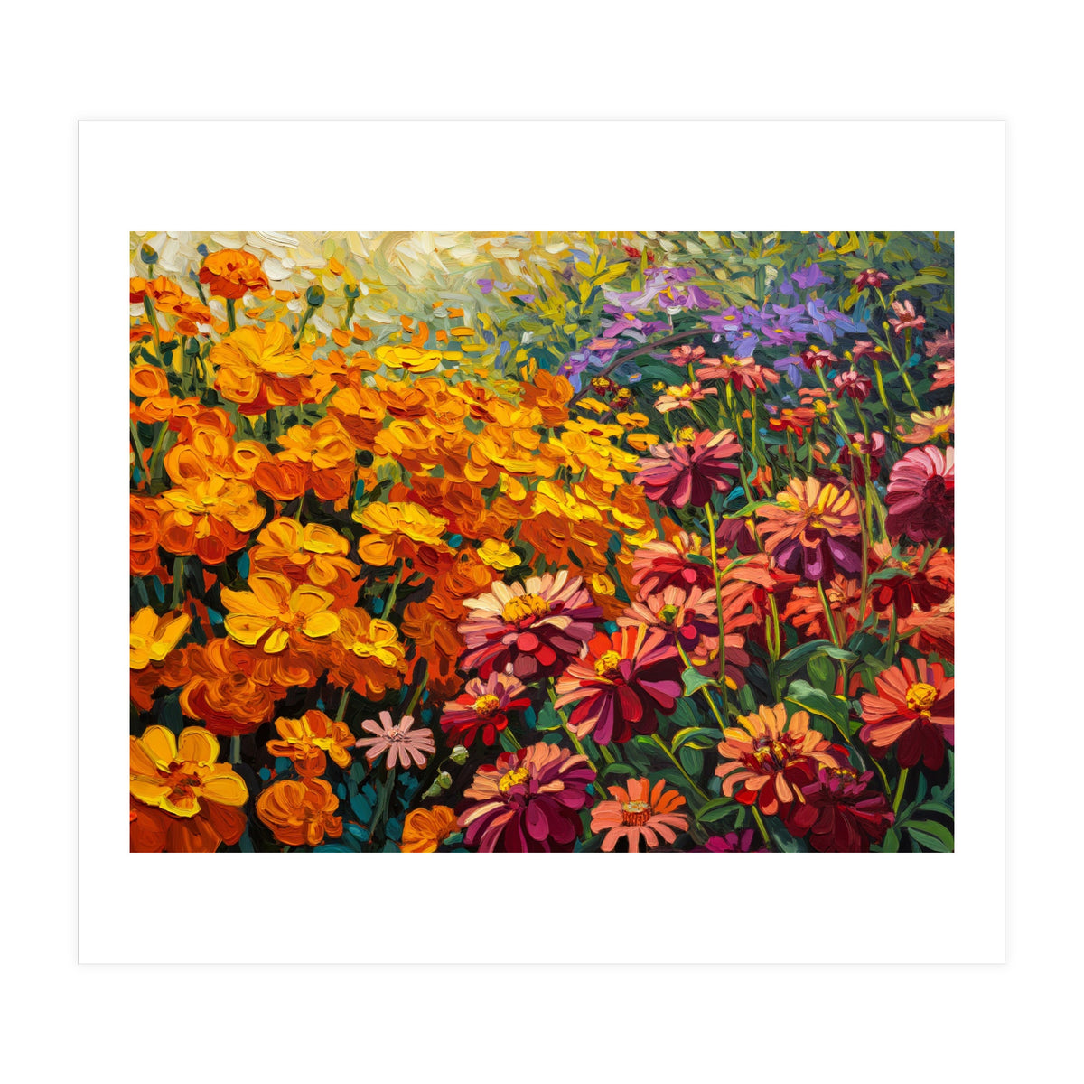 Radiant Summer Zinnia and Marigold Meadow Oil Painting (Print Only)