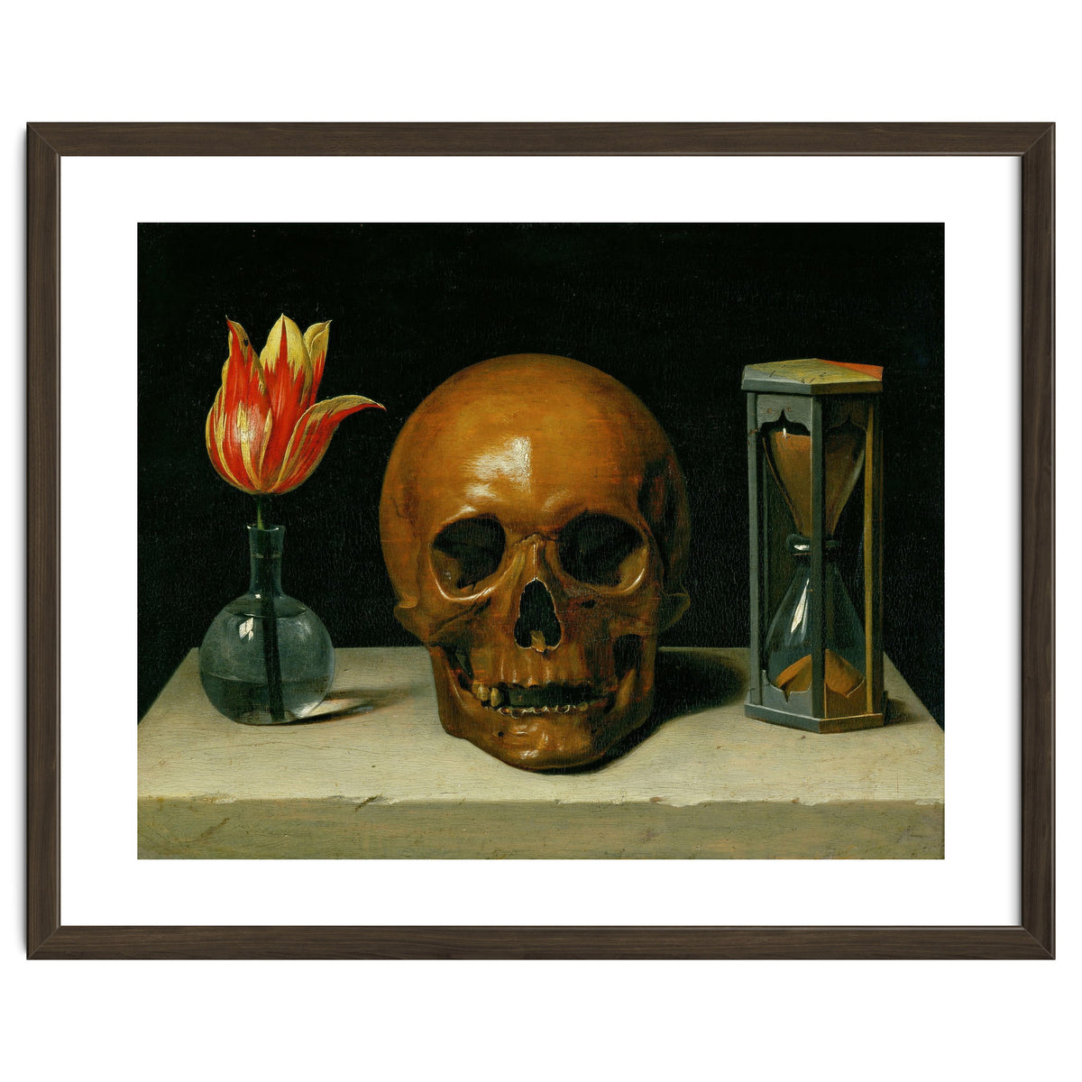Vanitas, allegory of fleeting time with skull and hour-glass. Oil on canvas.