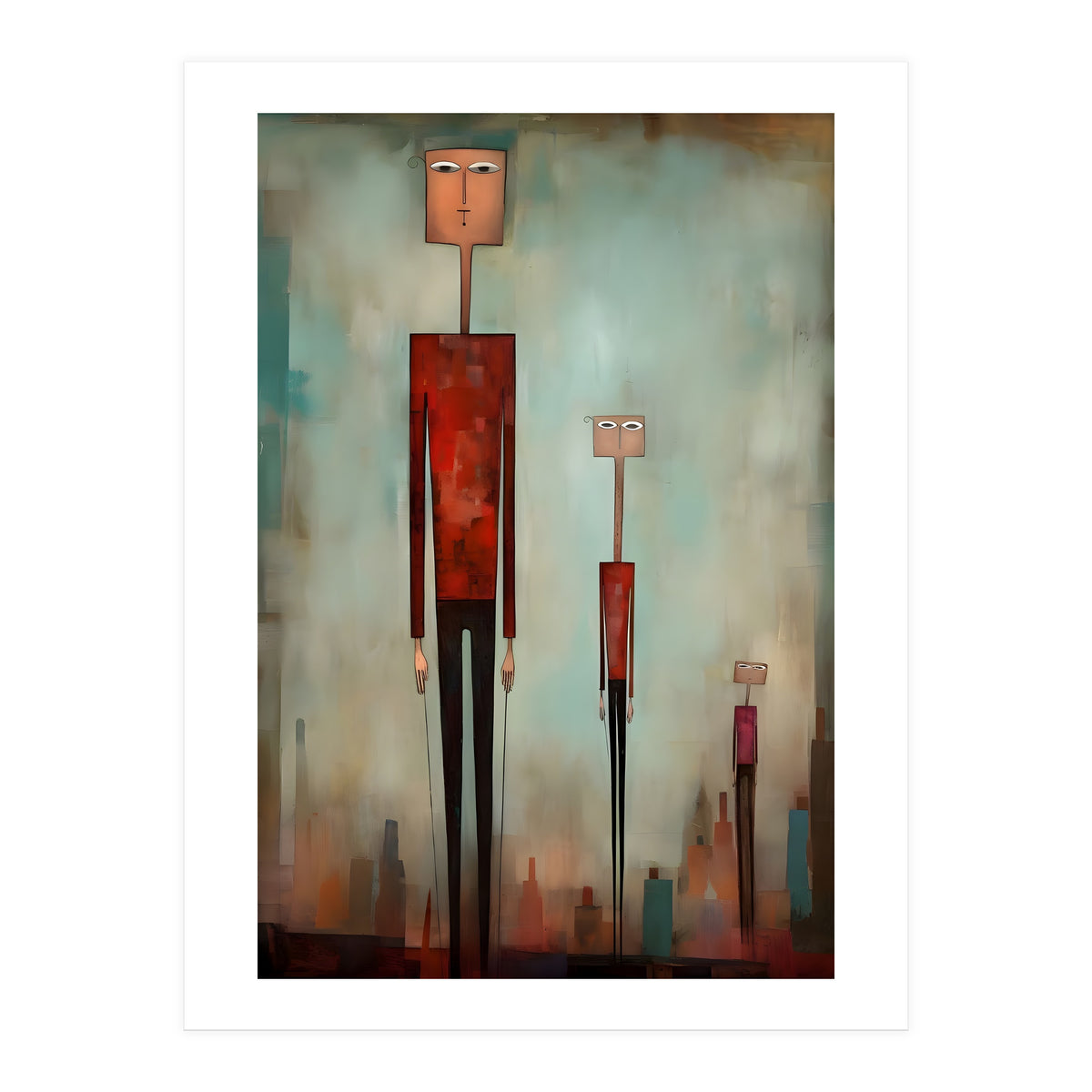 CITY HEIGHTS, three human-like forms of differing heights loom over the city below. (Print Only)