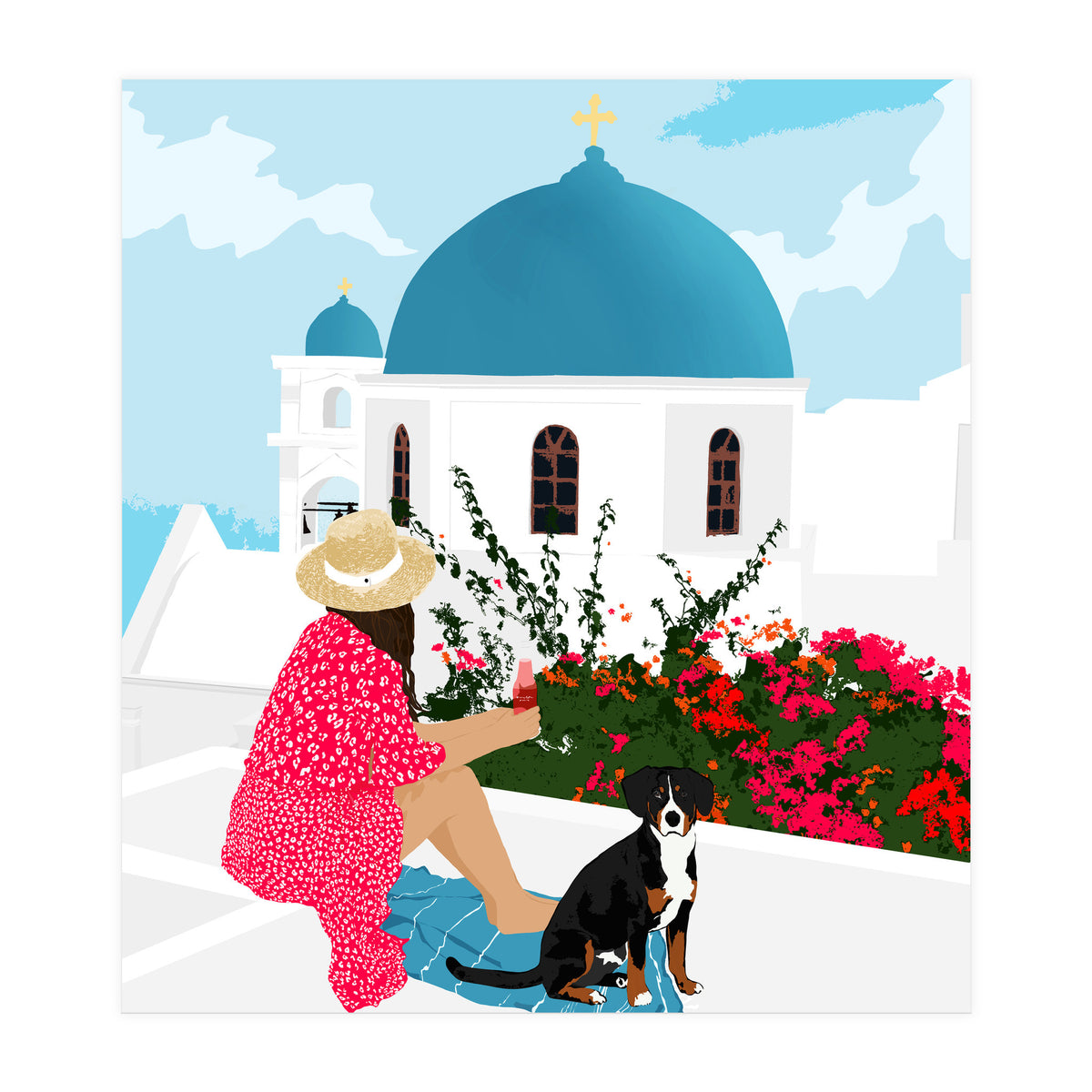 Greek Staycation, Pets Santorini Tropical Summer Travel, Dog White Buildings Architecture Fashion Bohemian (Print Only)
