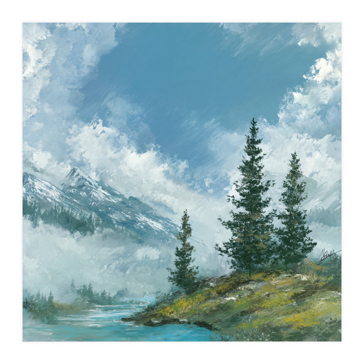 Ethereal Alpine River Valley with Snow-Capped Mountains (Print Only)