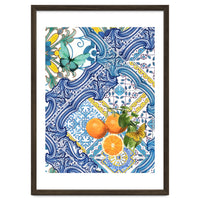 Mediterranean blue tiles, butterflies and citrus fruit