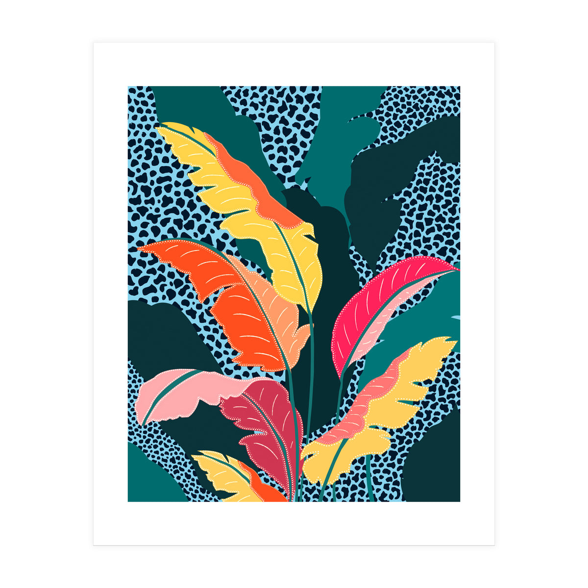 Teal & Tangerine, Botanical Nature Jungle Plants, Maximalism Eclectic Pop Of Color, Tropical Banana Leaves Bohemian Contemporary (Print Only)