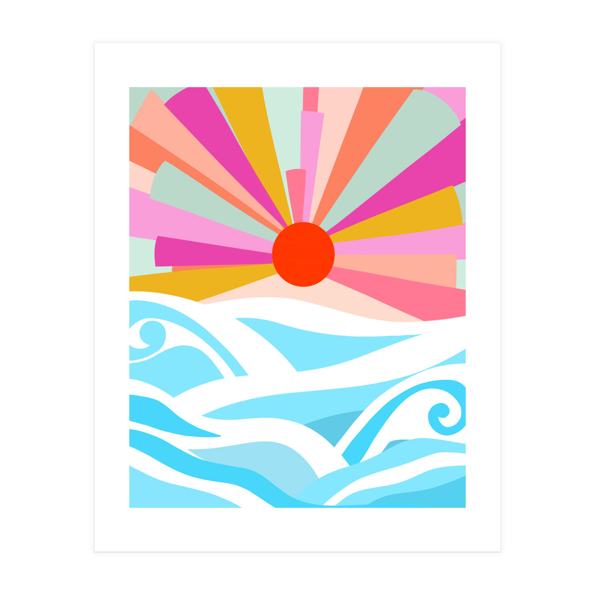 Boho Sunrise, Bohemian Abstract Landscape Nature, Colorful Illustration Ocean Sea Beach Summer, Positive Vibes Mindset (Print Only)