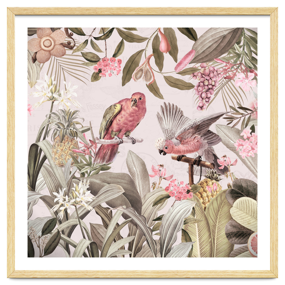 Colorful Parrots In Flower And Fruit Tropical Jungle