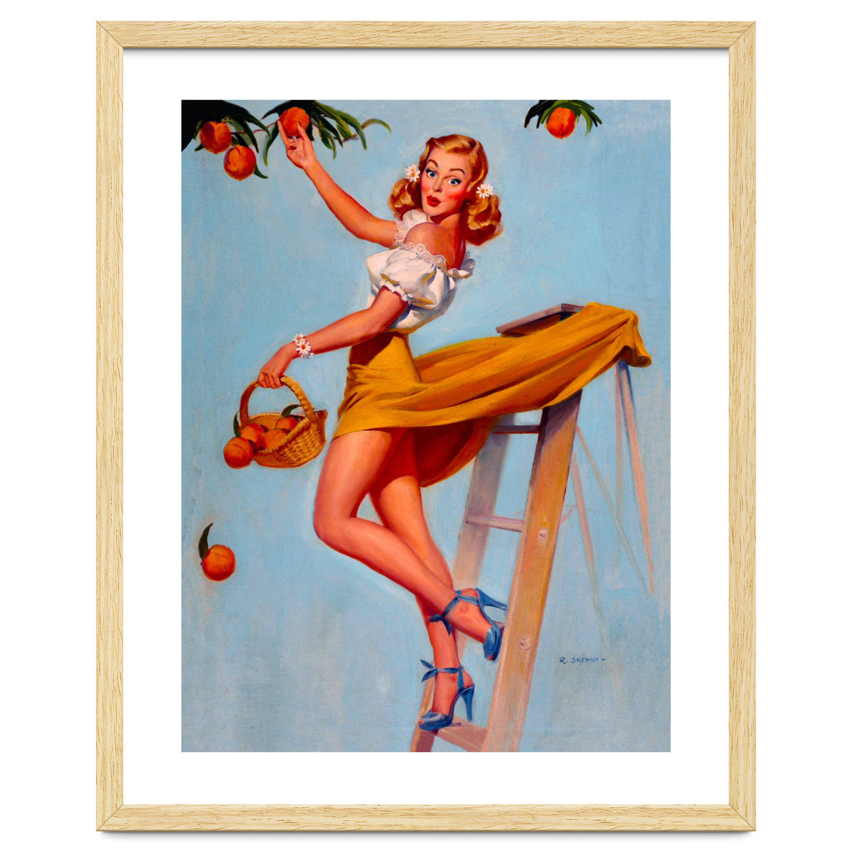 Pinup Sexy Woman Picking Oranges On A Tree Branch