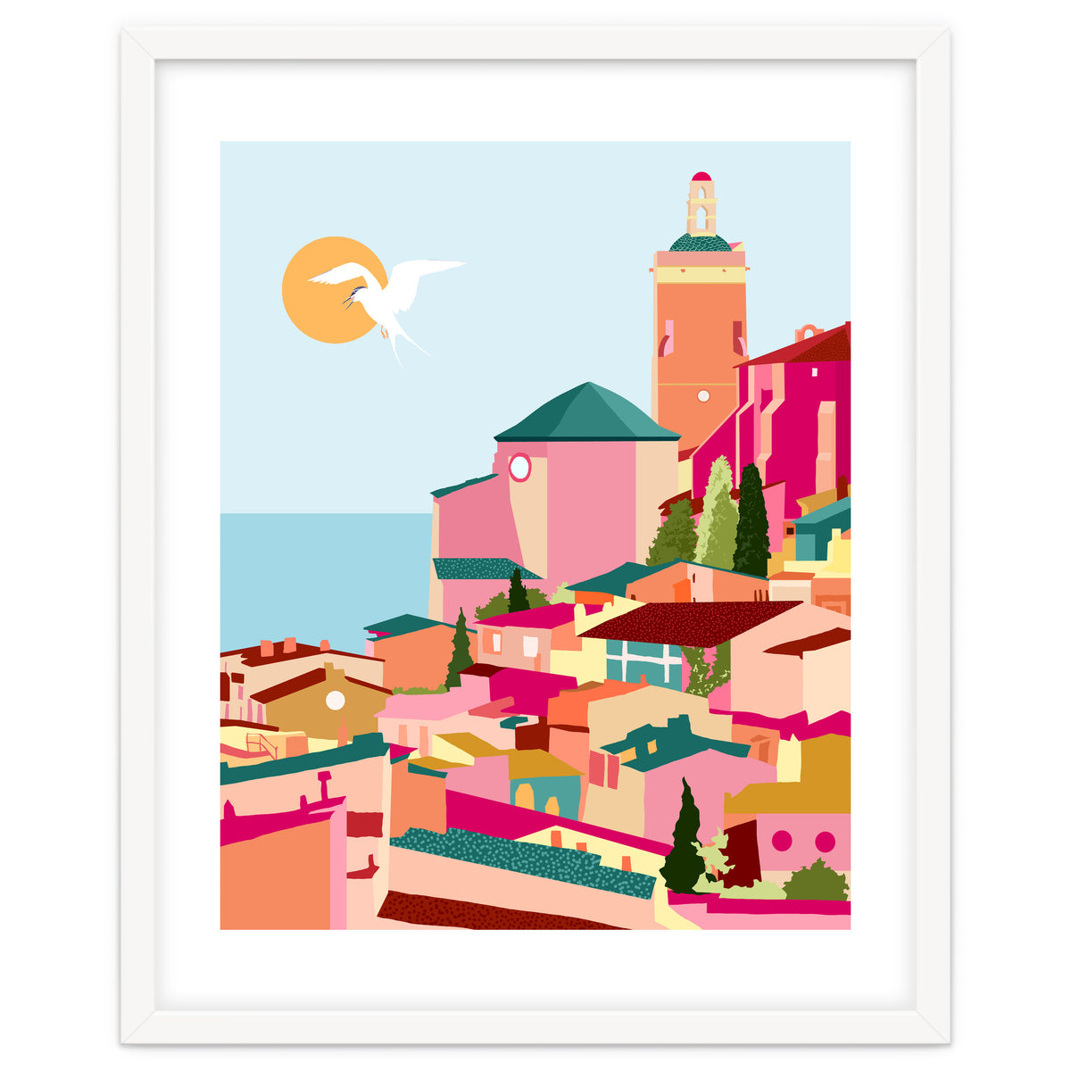 Crimson Rouge, Colorful Architecture Buildings, Greece Cityscape Skyline, Seagull Travel Summer Eclectic Bohemian Pop Of Color Positivity