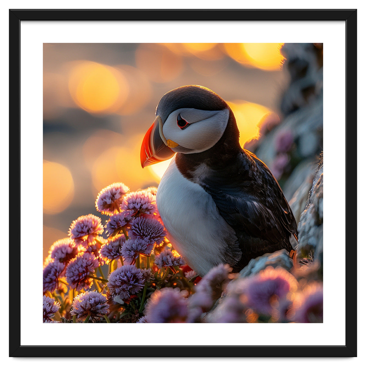 Puffin Bird Amidst Purple Flowers Golden Hour