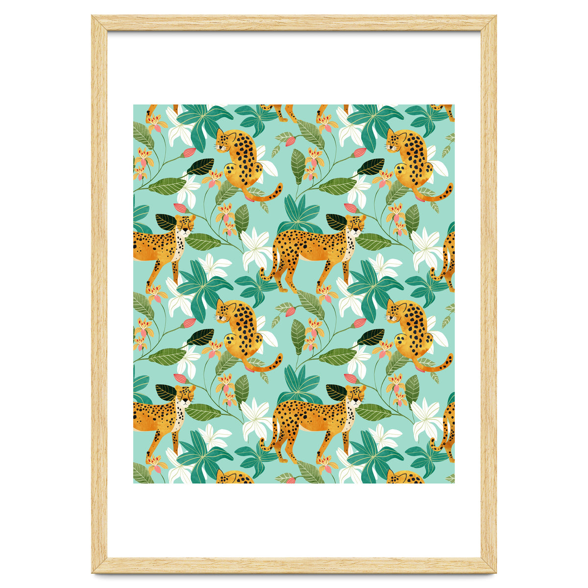 Cheetah Jungle, Wildlife Nature Wild Cats Tigers Leopard Botanical Animals Mint Quirky Illustration