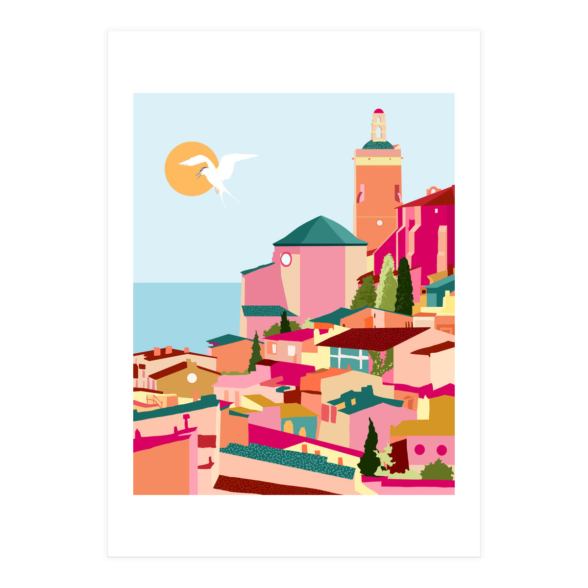 Crimson Rouge, Colorful Architecture Buildings, Greece Cityscape Skyline, Seagull Travel Summer Eclectic Bohemian Pop Of Color Positivity (Print Only)