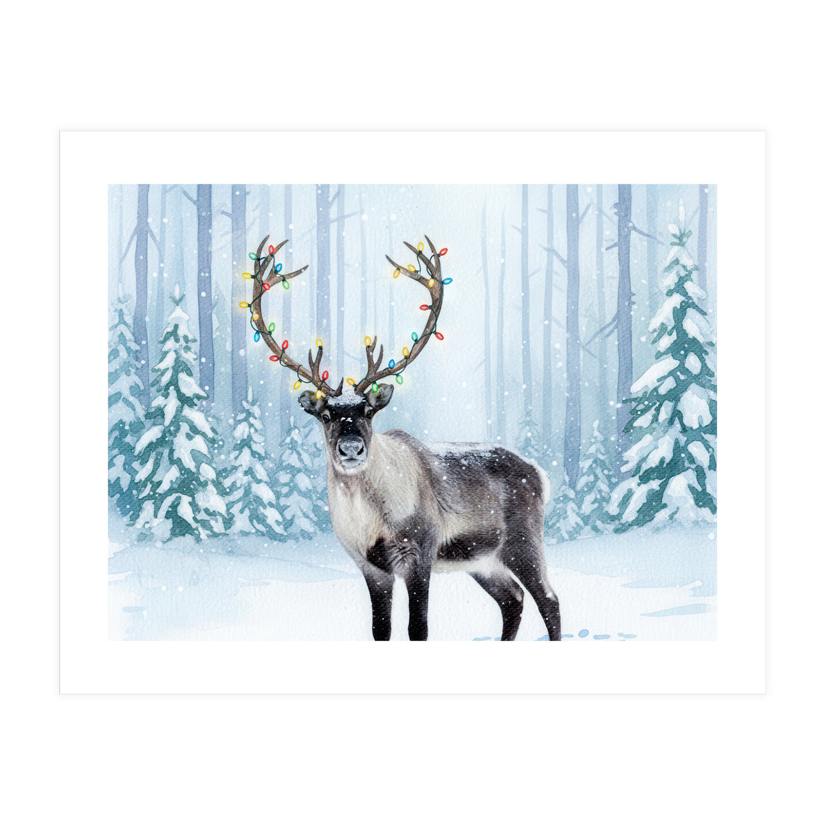 Reindeer with Christmas Lights, Deer Magical Winter Art  (Print Only)