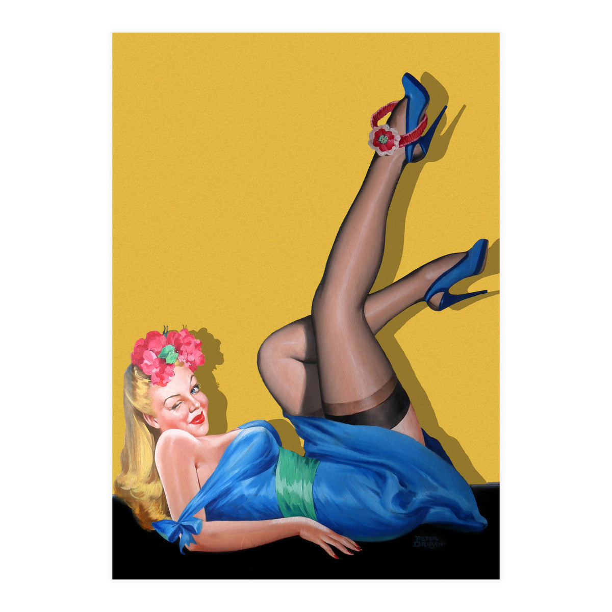Sexy Pinup Winking Girl In Showing Her New High Heels (Print Only)