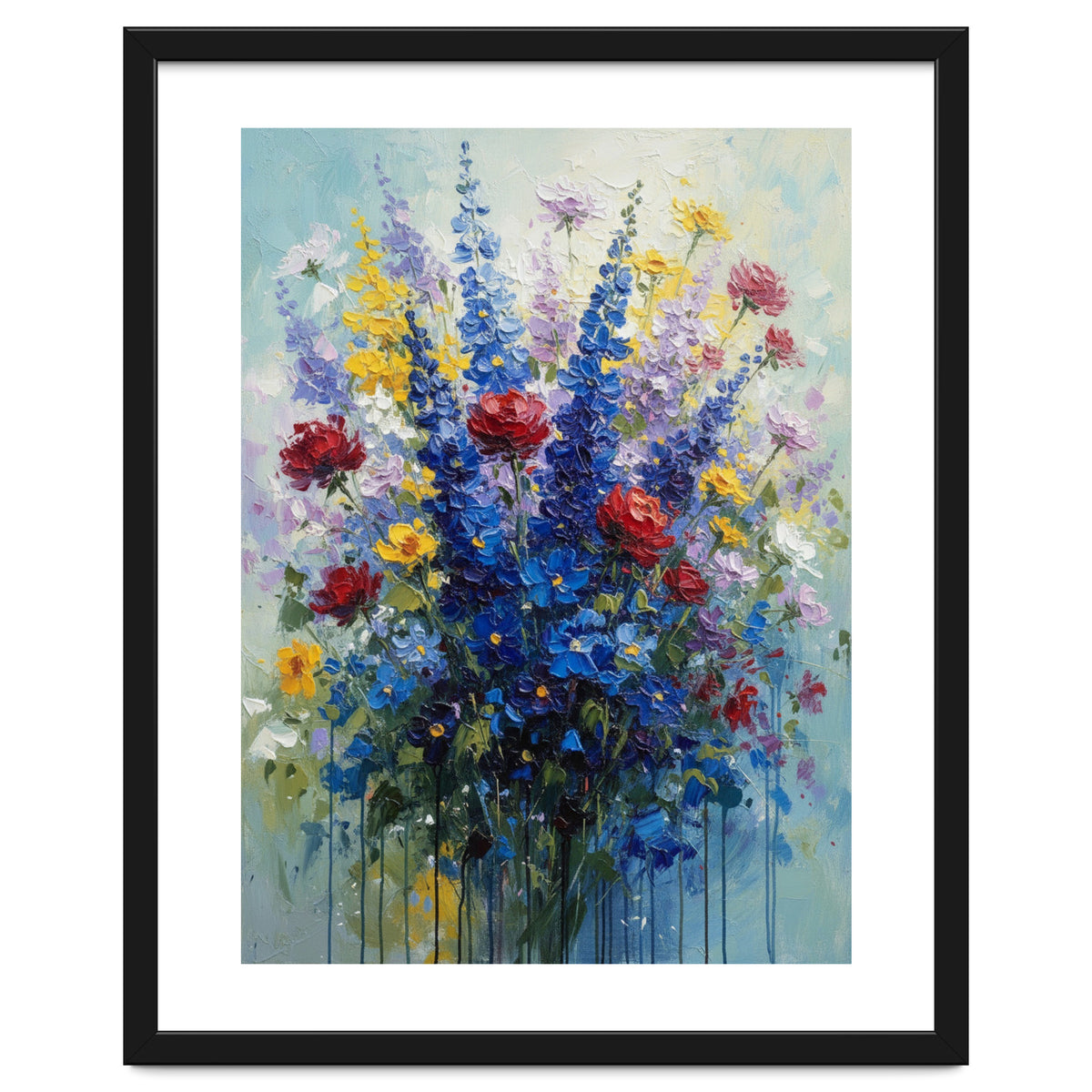 Vibrant Blue Delphinium and Red Rose Heavy Impasto Oil Painting