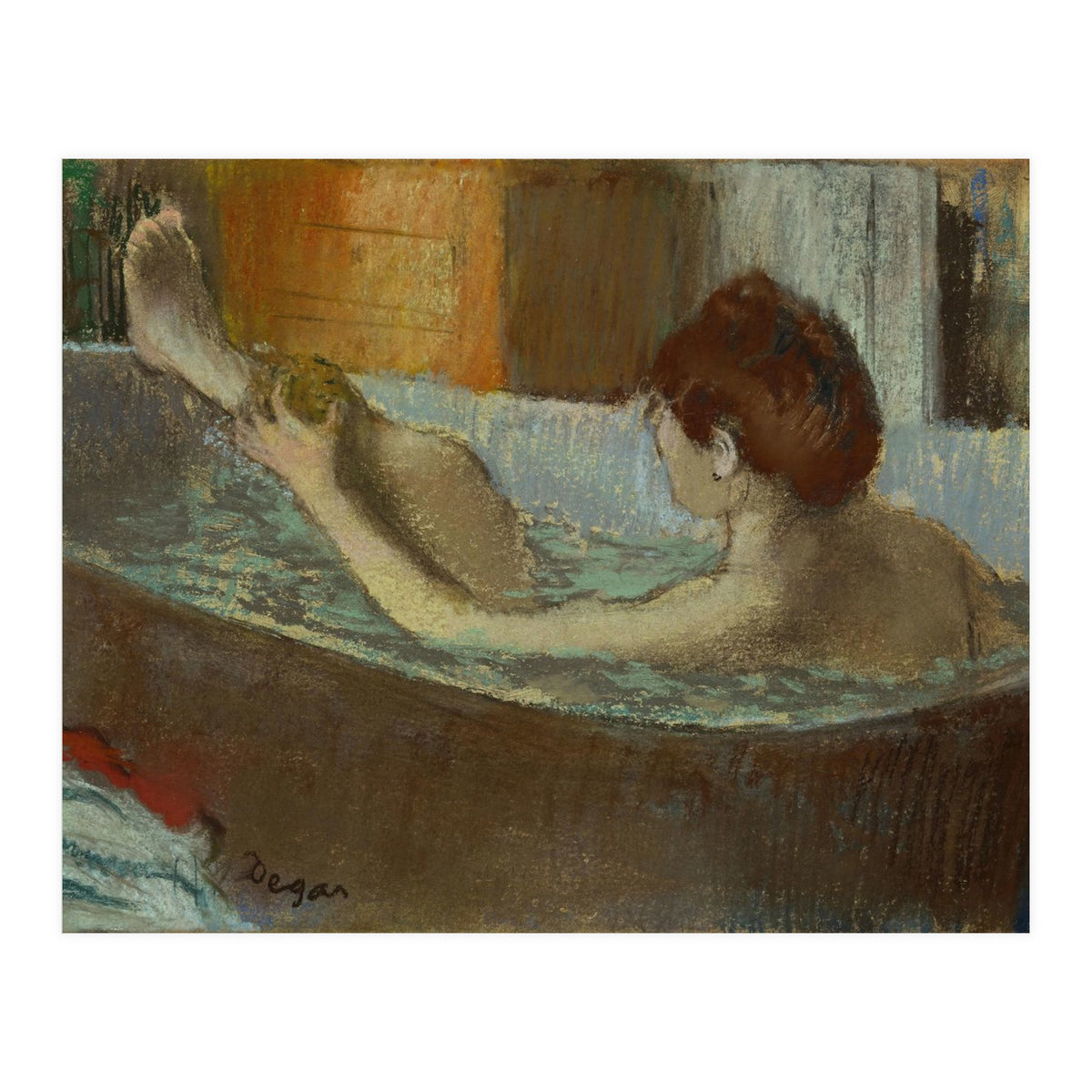 Woman in bath, sponging her leg. Pastel, 1883-84   19.7 x 41 cm. (Print Only)