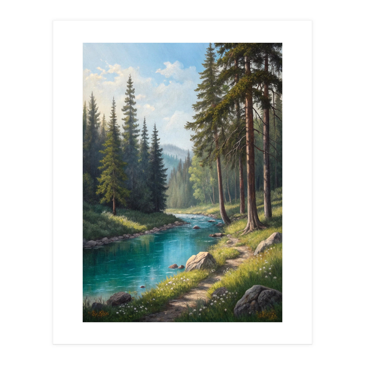 Serene Alpine Forest River Landscape (Print Only)