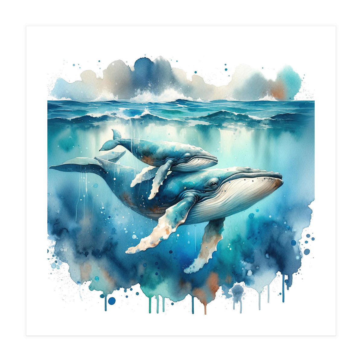 Mother And Calf Whales Watercolor (Print Only)