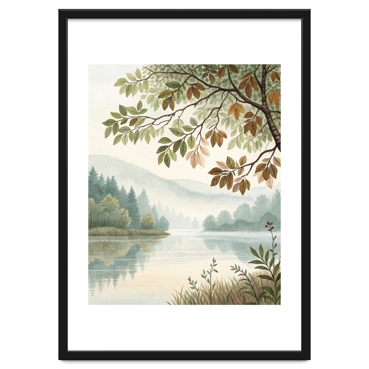 Tranquil Lakeside Forest Watercolor Painting with Overhanging Autumn Branches and Misty Mountain Reflection