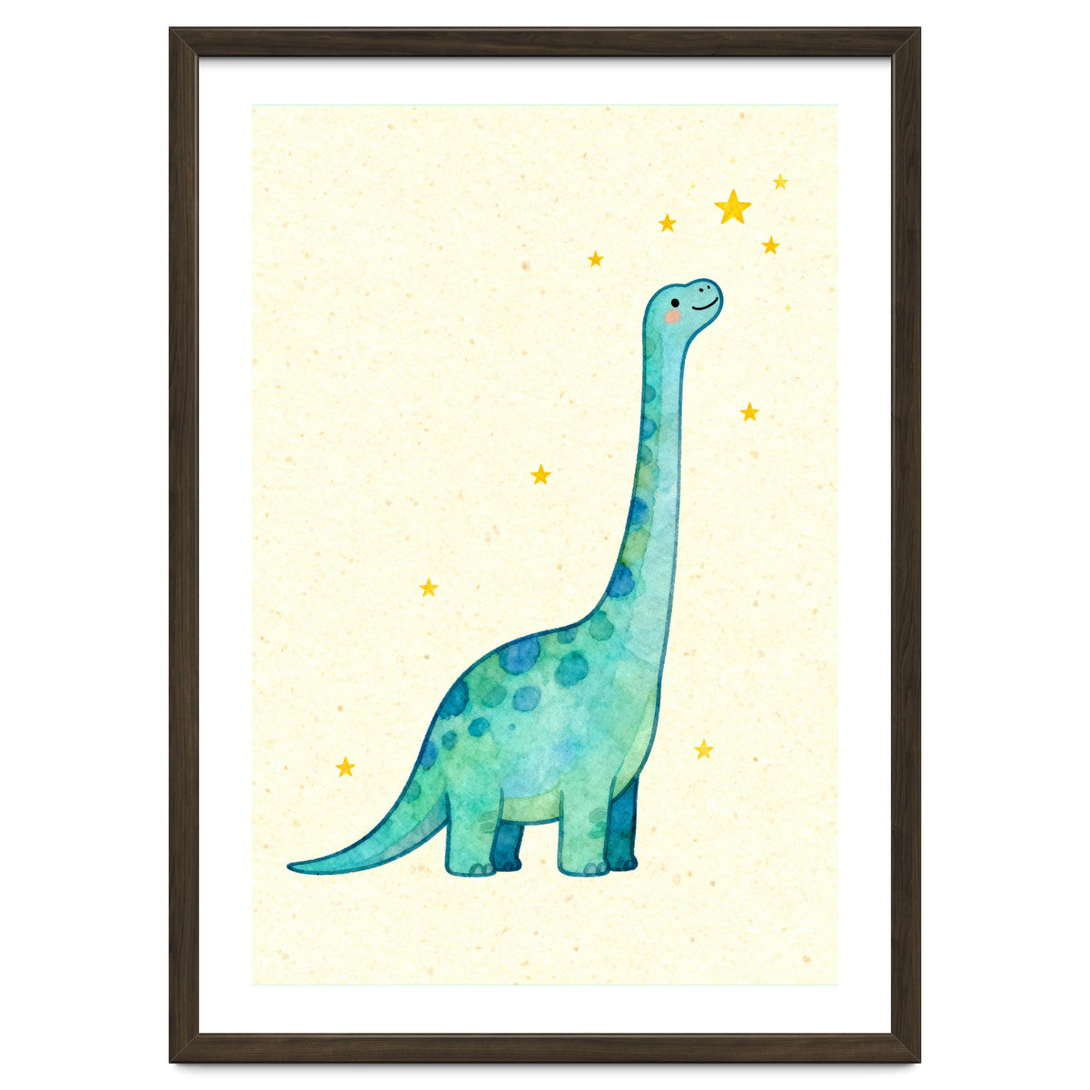 Cute Brontosaurus Watercolor Art, Whimsical Dinosaur Nursery Print, Starry Dino Illustration