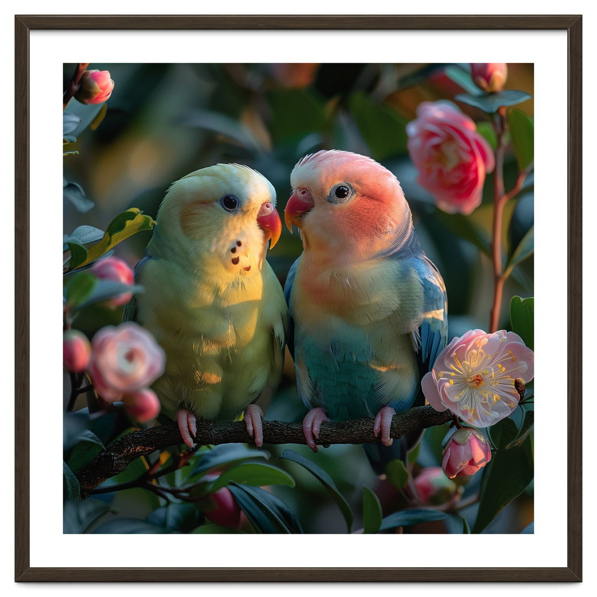 Two Lovebirds Perched On A Branch Near Flowers
