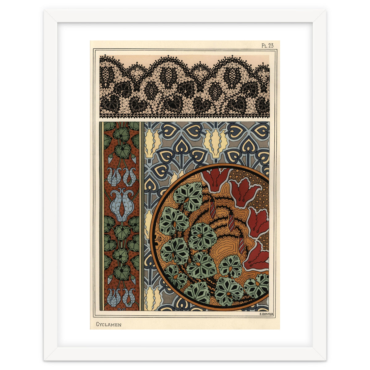 Cyclamen persicum motif in patterns for lace, wallpaper and fabric.