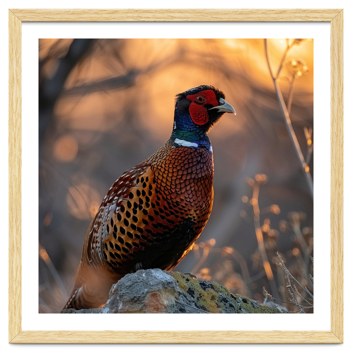 Pheasant Bird Standing On Rock Sunrise Light