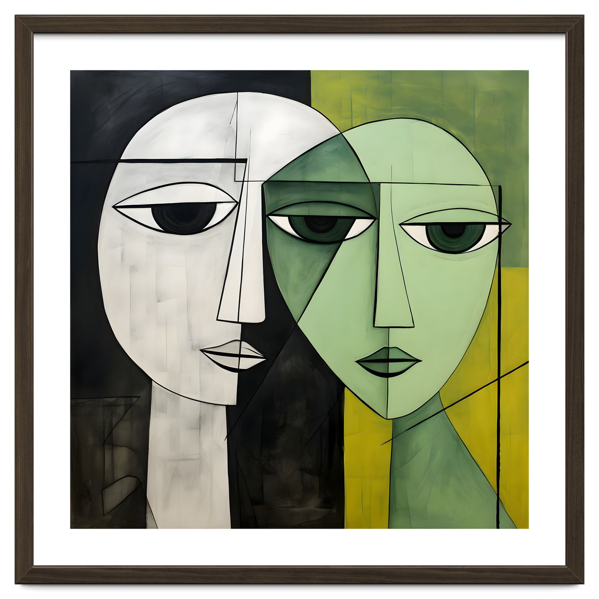 DYNAMIC FUSION, Two abstract heads converge - vibrant green tones intertwine with cool grey hues, a dance of contrast and connection.
