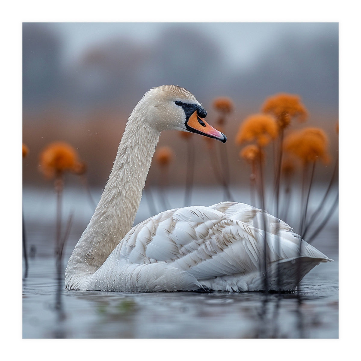 White Swan Swimming In A Lake With Reeds (Print Only)