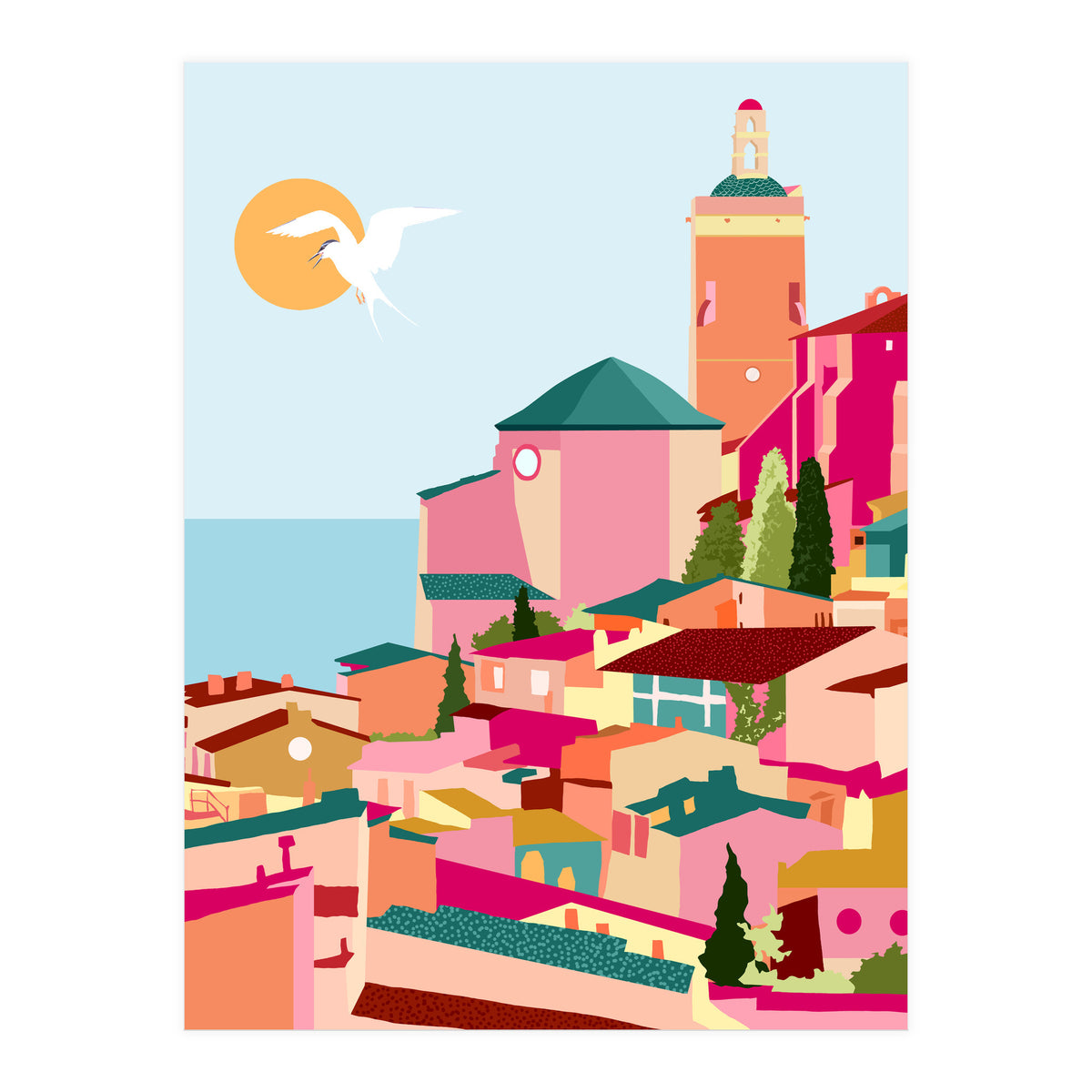 Crimson Rouge, Colorful Architecture Buildings, Greece Cityscape Skyline, Seagull Travel Summer Eclectic Bohemian Pop Of Color Positivity (Print Only)